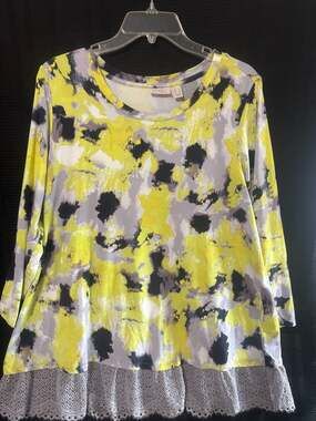 LOGO Lori Goldstein Abstract Print 3/4 Sleeve Knit Top with Lace Hem